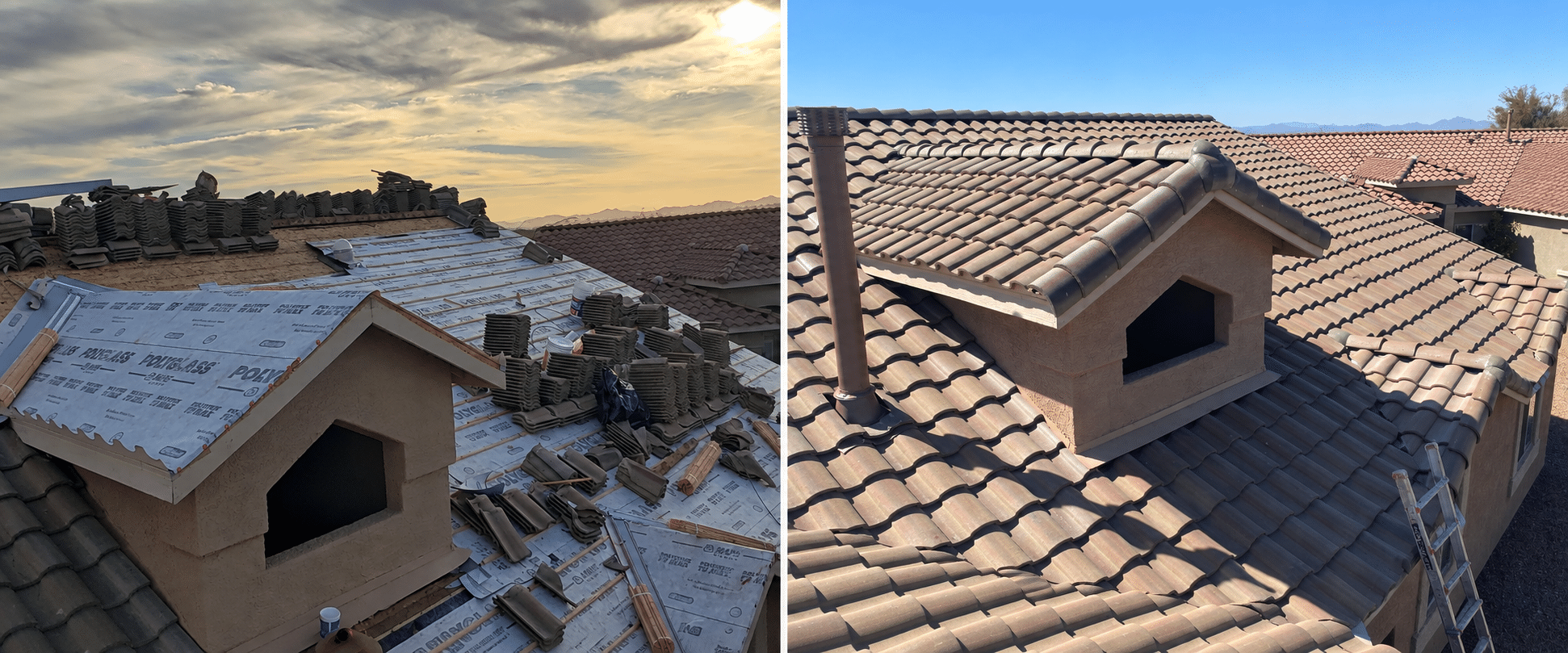 Roof replacement Tucson area: underlayment and decking beside a completed tile roof with a dormer