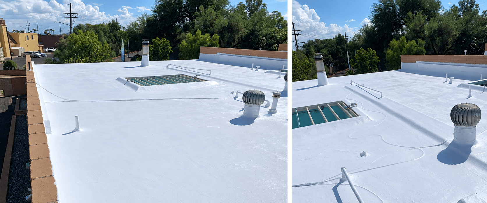 Two views of a completed white membrane overlay on a flat roof